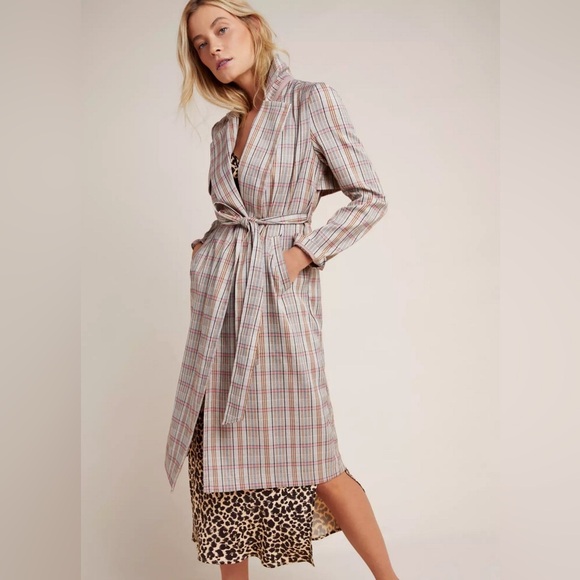 Anthropologie Plaid Belted Lightweight Summer Trench Coat Size M Neutral Motif - Picture 2 of 15